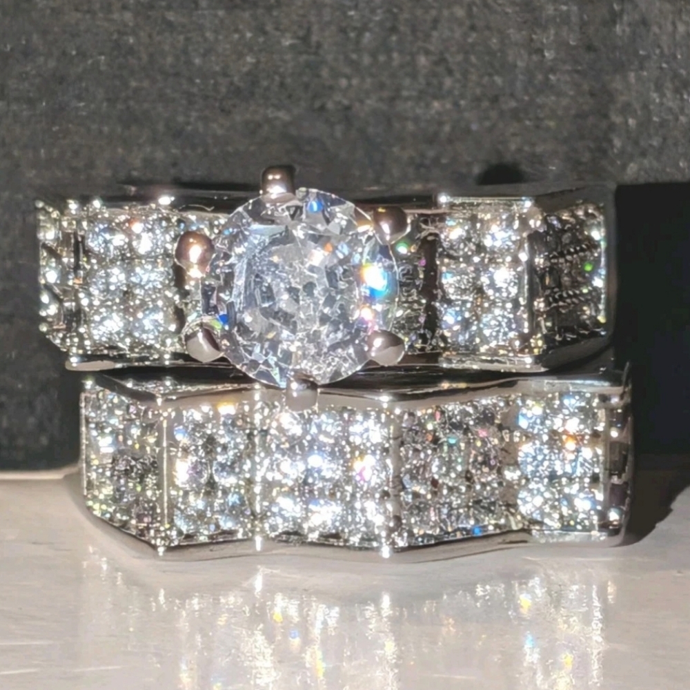 Women's 2pc Solid 925 Sterling Silver Lab Created Diamond Bridal Set SZ 9 - Picture 3 of 17